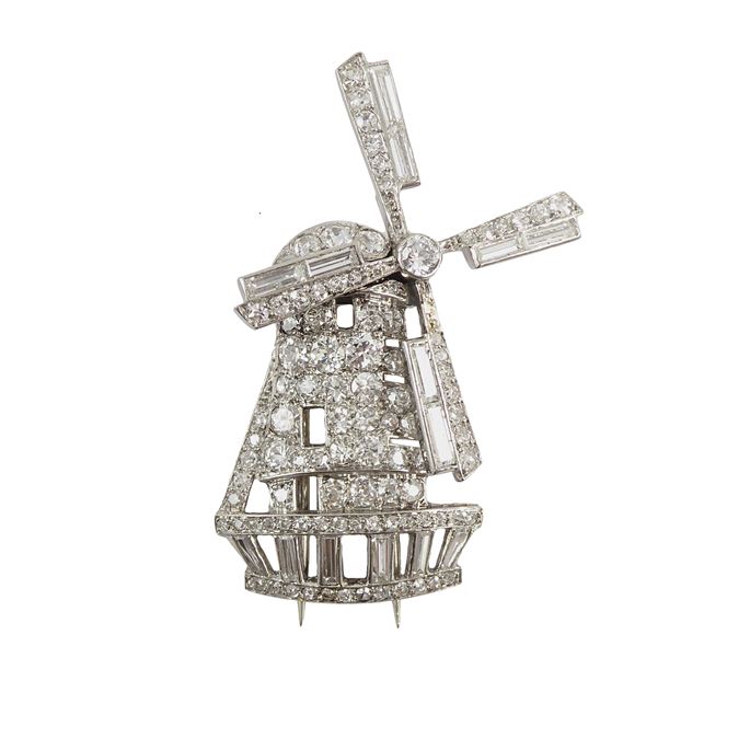 Art Deco diamond set geometric windmill brooch, French, the tapering body and base set with circular and baguette cut diamonds, | MasterArt